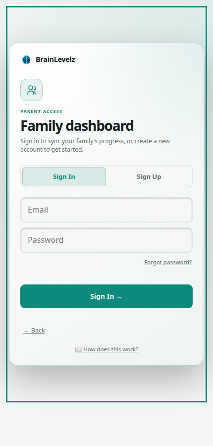 Parent sign-in screen with email and password fields