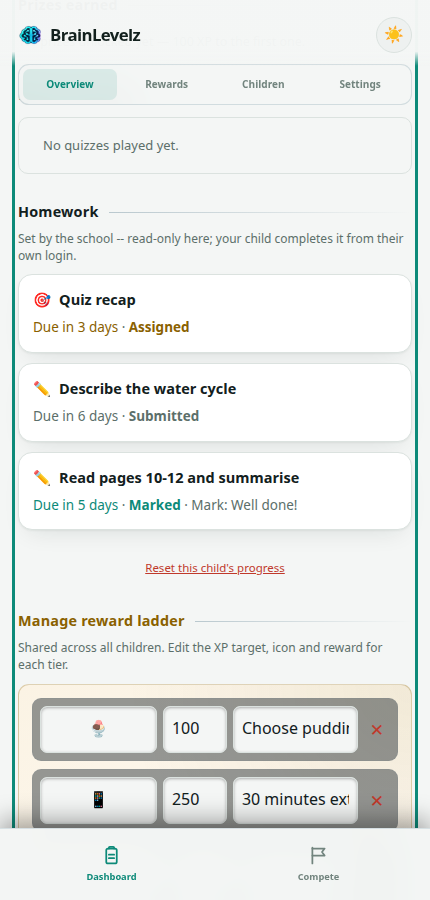 Read-only homework panel on the parent dashboard showing a task and a quiz assignment