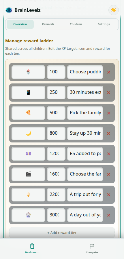 Manage children and settings section of the parent dashboard