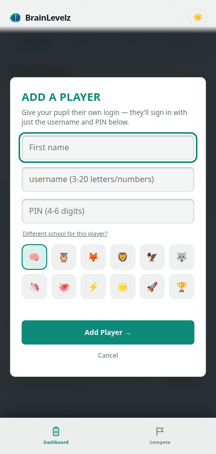 Add a Child modal with name, username, PIN and avatar picker