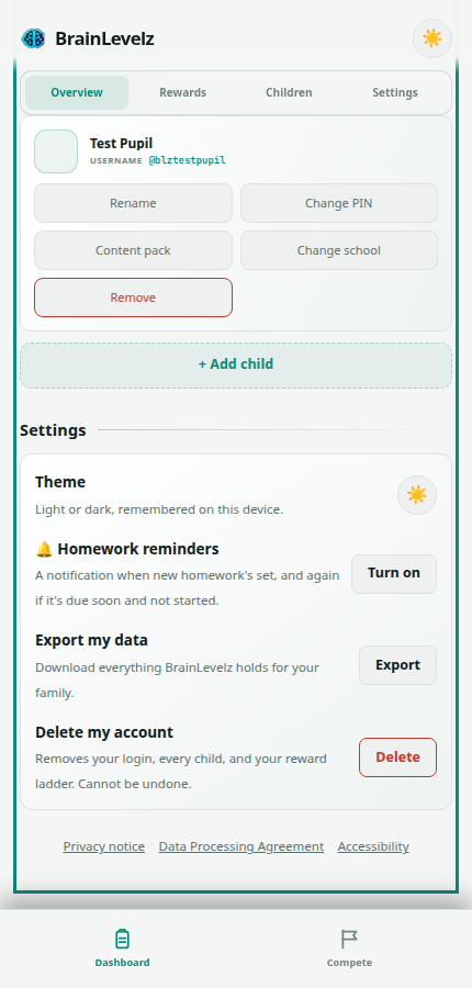 Settings section with theme, homework reminders, export data and delete account options