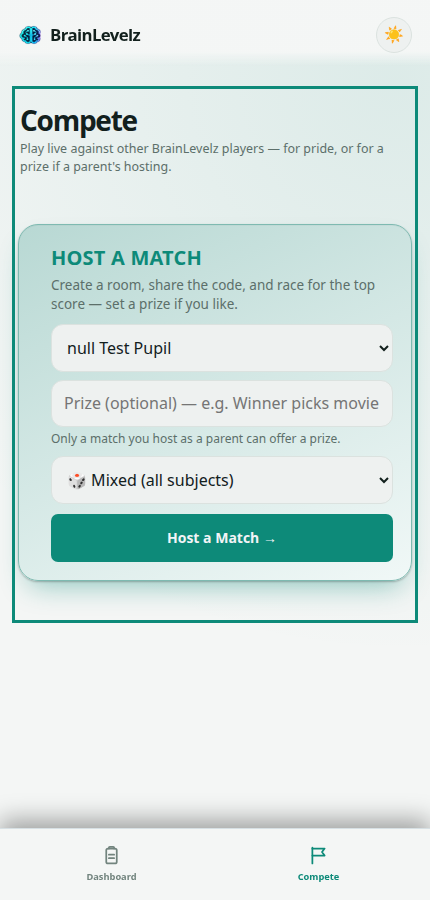 Parent Compete tab showing options to host a match