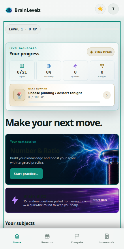 Home screen showing level, progress stats, a recommended next topic, and the bottom navigation