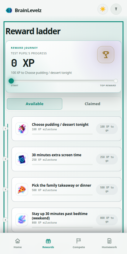 Rewards screen listing available and claimed prizes