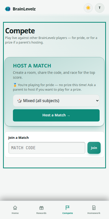 Compete tab with options to host or join a match