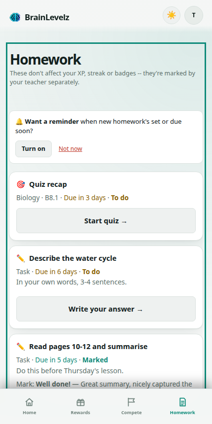 Homework list showing a quiz to start, and a task already marked