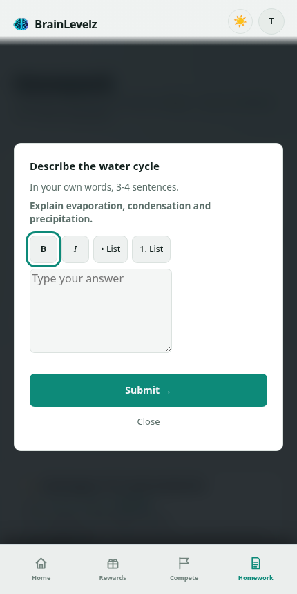 Homework task modal with a written answer box open