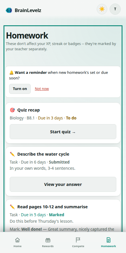 Homework list showing one task submitted and one already marked with feedback