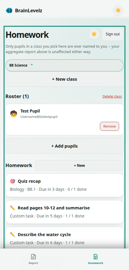 Homework tab showing a class roster and a homework list