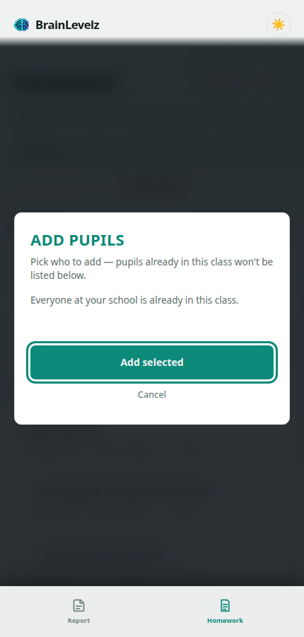 Add Pupils modal with a checklist of pupils to add