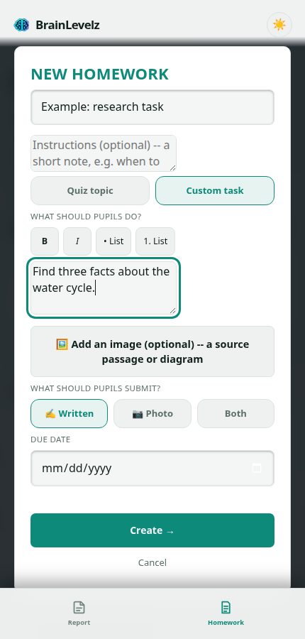 New homework modal set to a custom task with answer mode options