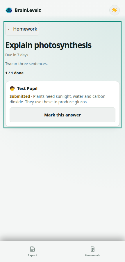 Homework detail screen showing a pupil's submission ready to mark