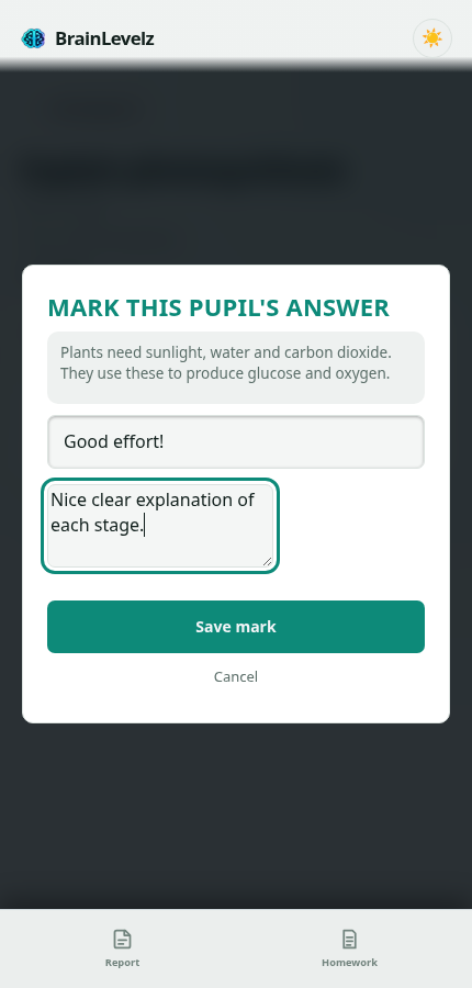 Mark submission modal with a mark and feedback filled in