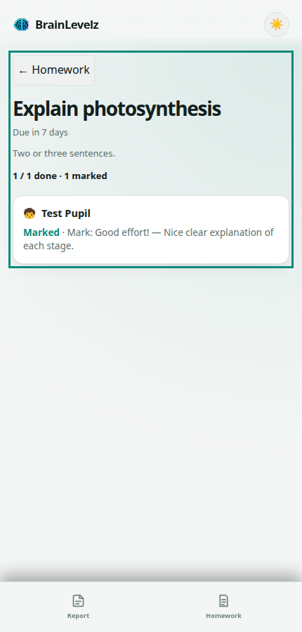Homework detail screen showing the submission now marked